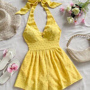 Yellow Boho Women's Textured swiss dot Mini Bodycon romper Beach